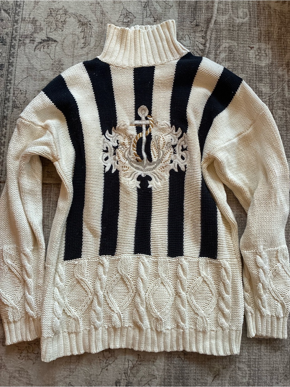 Vintage Ann Taylor Cream and Navy Cotton Preppy Sweater with Embroidered Anchor